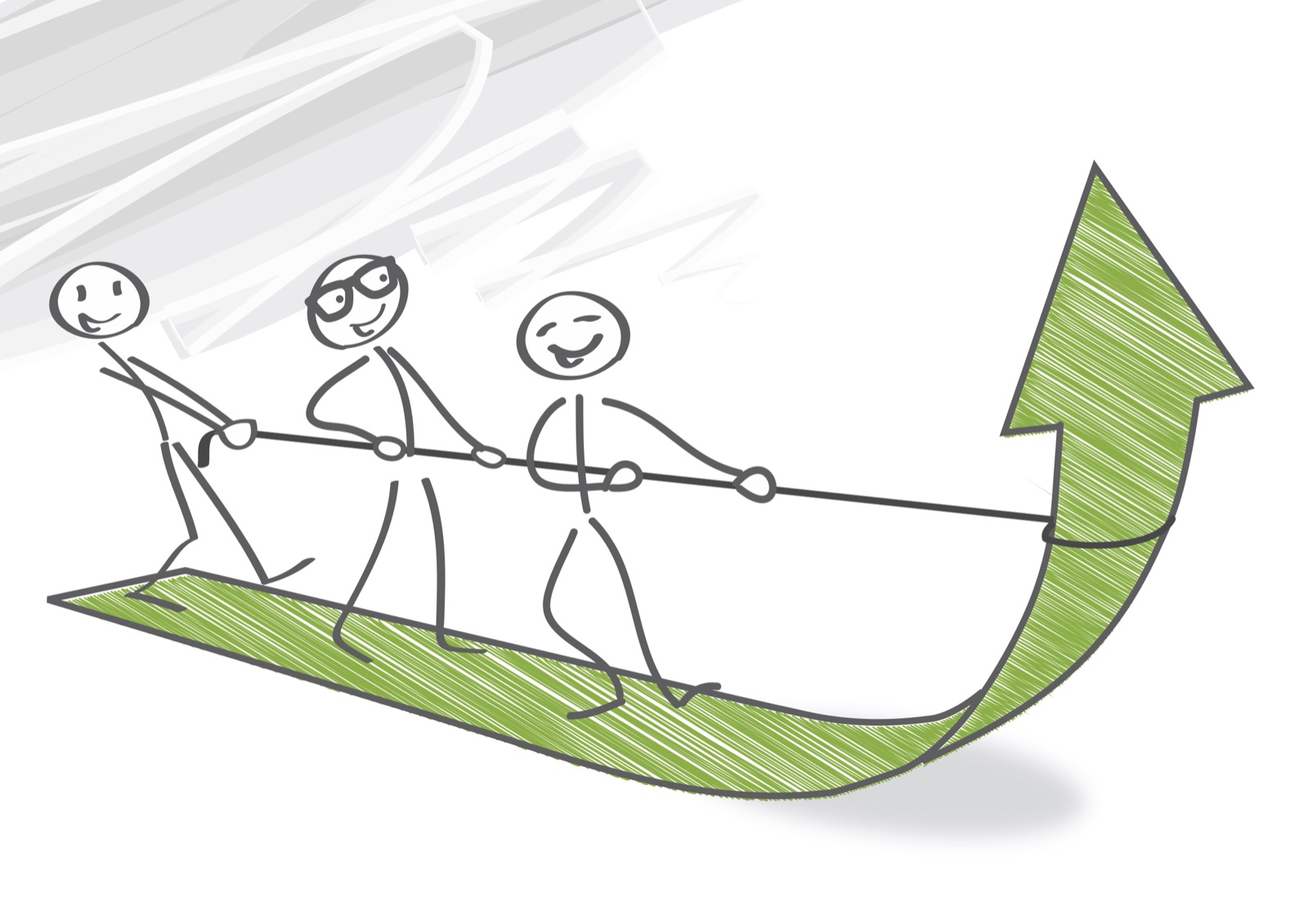 Illustration: Drei Strichfiguren ziehen gemeinsam an einem Seil einen grünen Pfeil nach oben